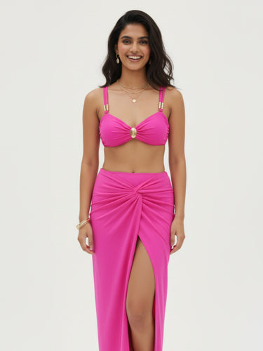 Bright Pink High Waist Beach Bikini Skirt Set