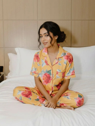 Golden Bloom - Yellow Floral Printed Pajama Set