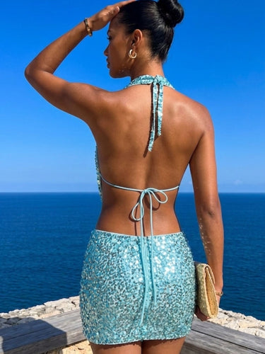 Blue Sequin Halter Mini Skirt Set
