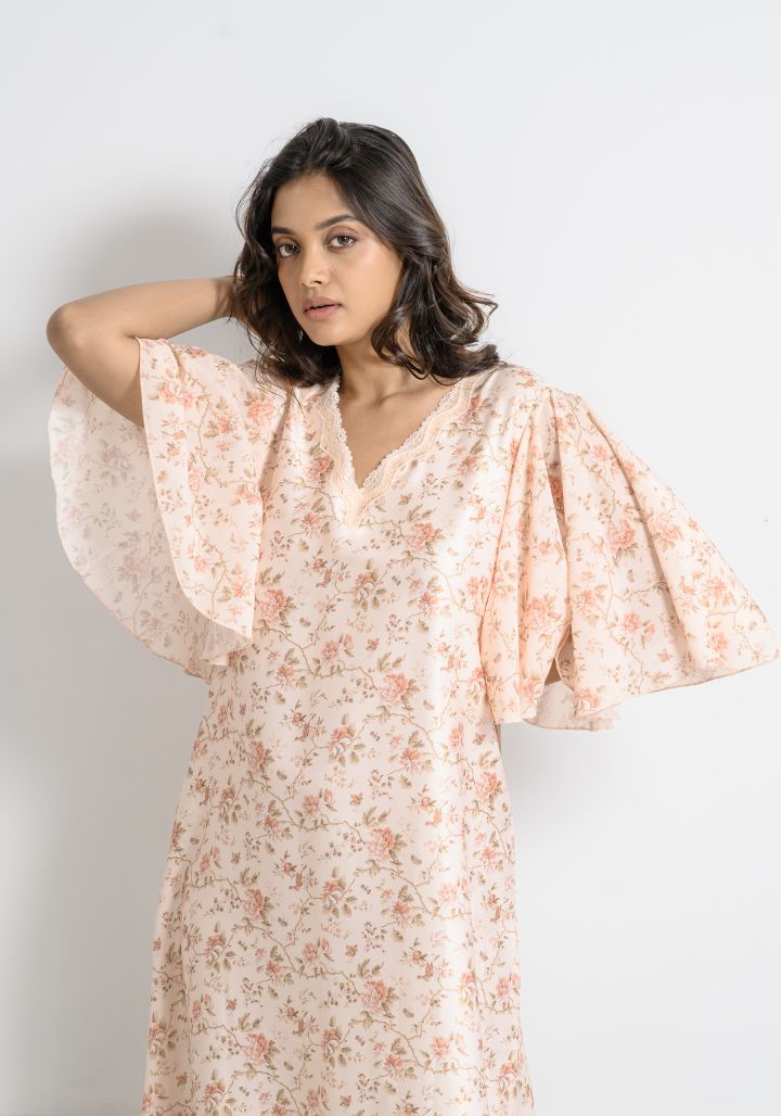 Blush Bloom – Satin Nighty with Umbrella Sleeves