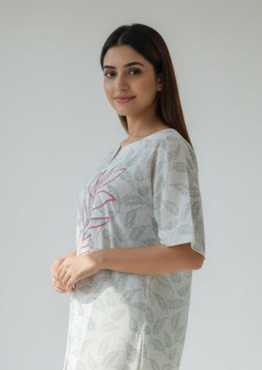 Scarlet Stem Embroidered Night Suit