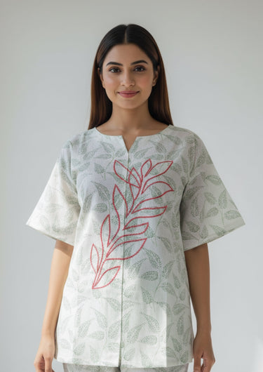 Scarlet Stem Embroidered Night Suit