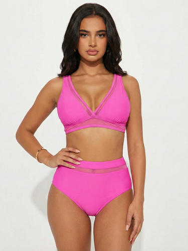 Hot Pink Mesh High Waist Bikini Set