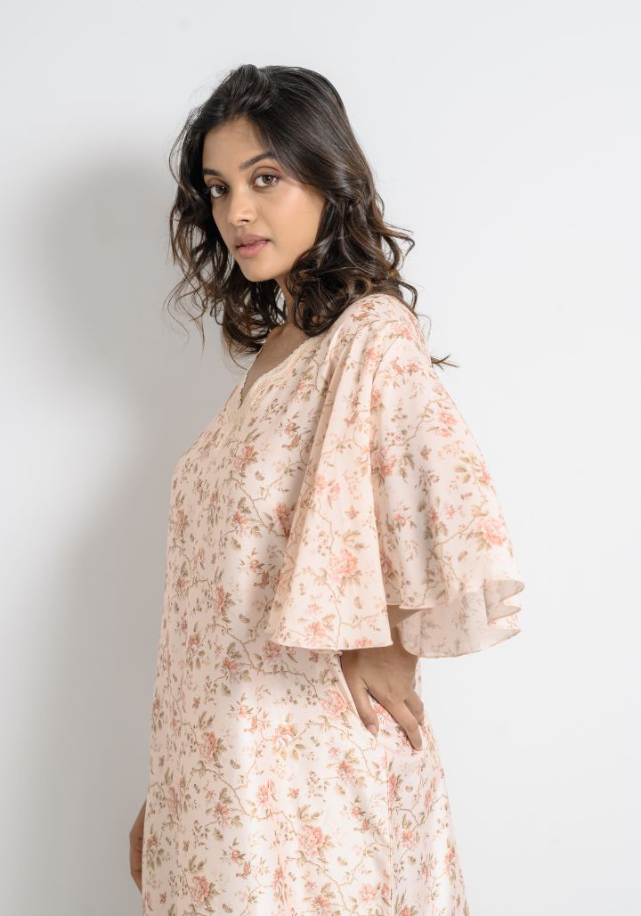 Blush Bloom – Satin Nighty with Umbrella Sleeves