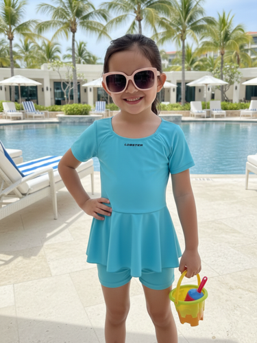 Girls Turquoise Blue Skirted One-Piece Swimsuit
