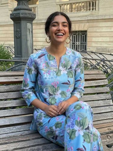 Blue floral printed pajama set for women