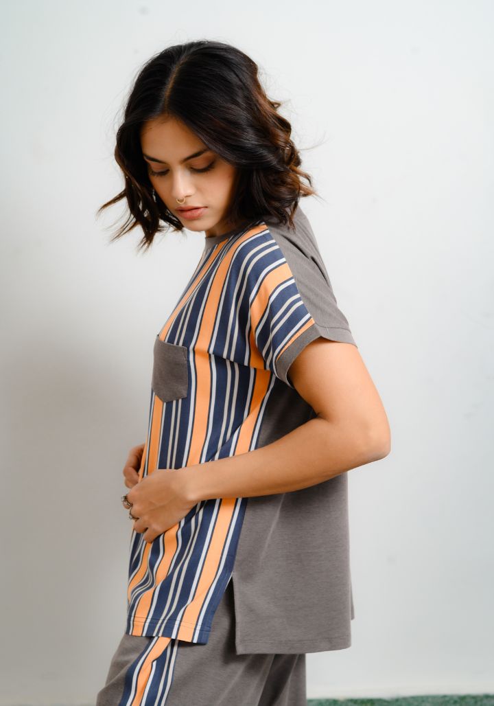 Striped Rayon Pajama Set With Hoisery Fabric