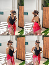 Red floral printed sarong wrapped at waist – women’s resortwear