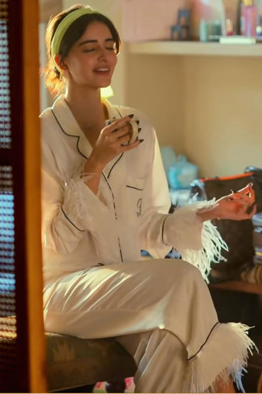 White Ananya Pajama Set In Satin With Fur Detail