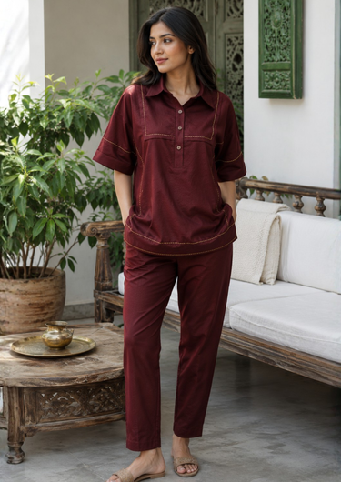 Velour Maroon Hand-Embroidered Co-ord Set
