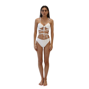 Thin Ruched Lace Up Bikini Top With High Leg Bikini Bottom