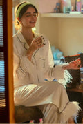White Ananya Pajama Set In Satin With Fur Detail