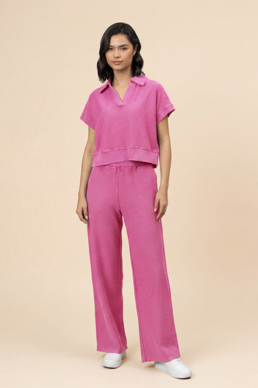 Pop Pink Reverse Terry Mid-Rise Wide-Leg Pant