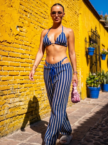 Blue Stripe Crochet Triangle Bikini & Pants Set