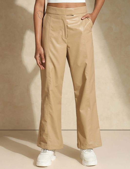 Shop-Leather Straight Fit Trousers Beige