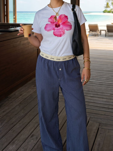 Navy Blue Striped Cotton Lounge Pants