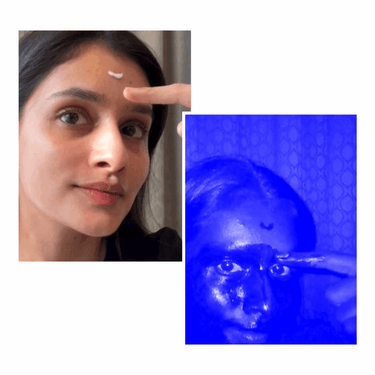 Person pointing to their face with a close-up inset and a blue-toned ultrasound image.