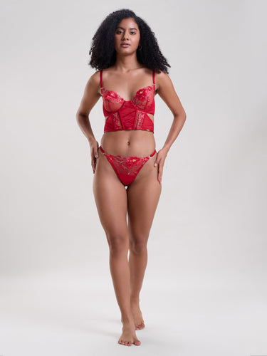 Rose Red Embroidered Longline Bra & Thong Set