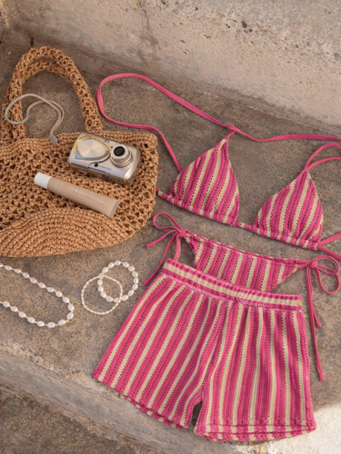 Pink Stripe Crochet Triangle Bikini & Shorts Set