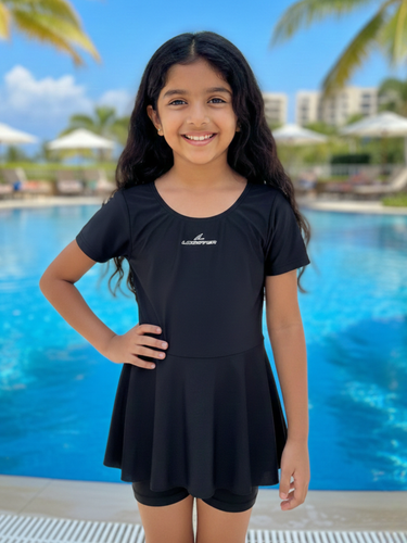Girls Black Skirted One-Piece Swimsuit