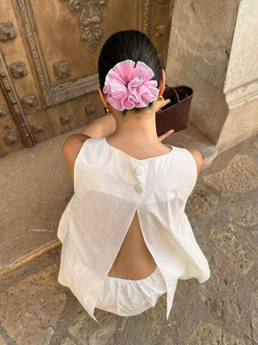 Baby Pink Gingham Oversized Cotton Scrunchie