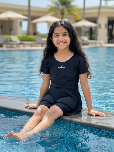 Girls Black Skirted One-Piece Swimsuit