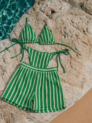 Green Stripe Crochet Triangle Bikini & Shorts Set