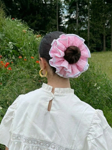 Baby Pink Gingham Oversized Cotton Scrunchie