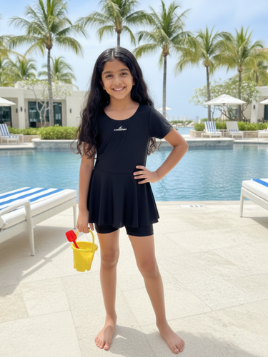 Girls Black Skirted One-Piece Swimsuit