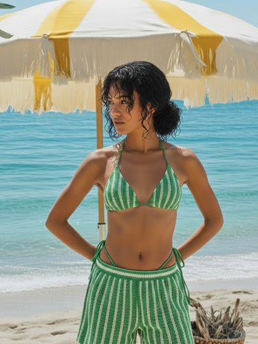 Green Stripe Crochet Triangle Bikini & Shorts Set