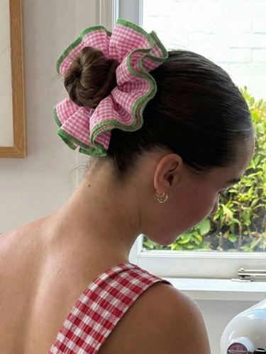 Strawberry Pink Gingham Oversized Cotton Scrunchie
