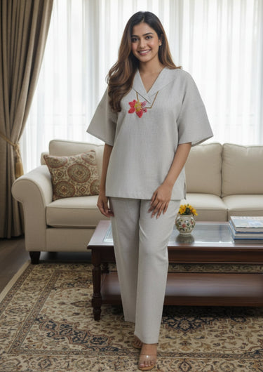 Blush Bloom Hand-Embroidered Night Suit