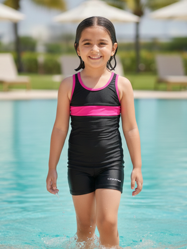 Girls Black & Pink Color-Block Sport Swimsuit