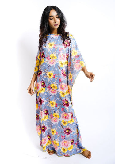 Bloom Dusk – Satin Kaftan Nighty with Floral Print