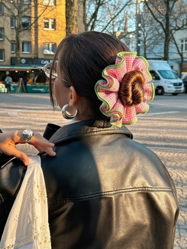 Strawberry Pink Gingham Oversized Cotton Scrunchie
