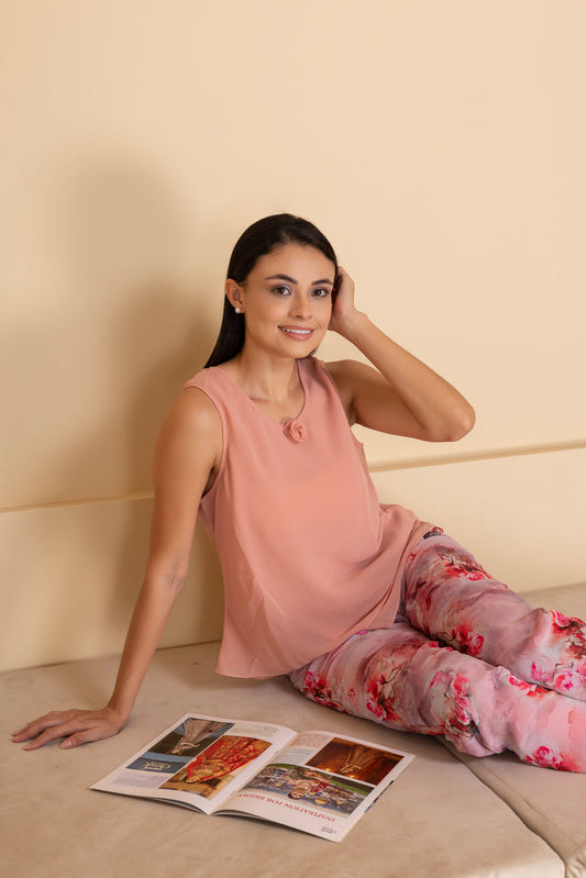 Peach Floral Chiffon Pajama & Top
