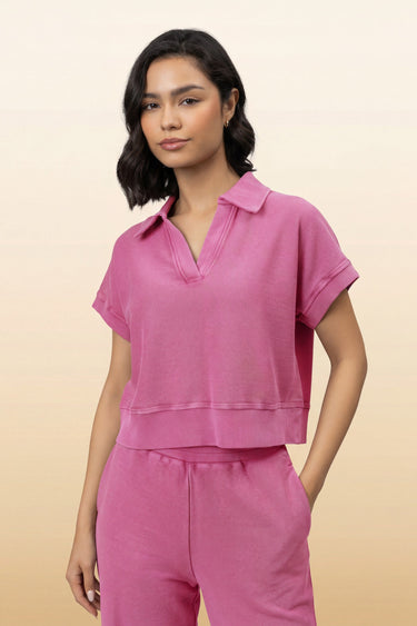 Pop Pink Reverse Terry Cropped Polo