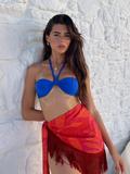 Blue Halter Bikini and Sangria Mini Fringe Sarong Set