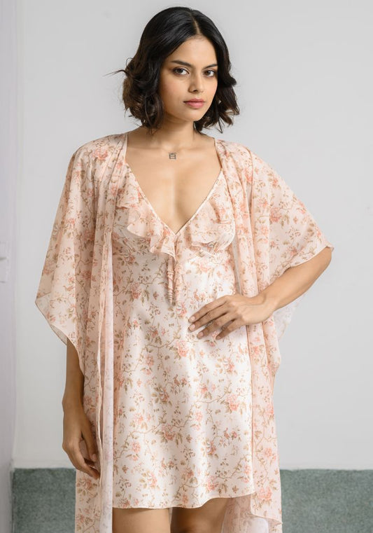 Short Delicate Floral Printed Satin Nighty Gown Set : Versatile Elegance