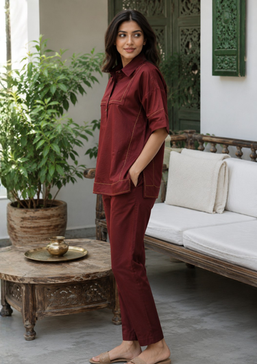 Velour Maroon Hand-Embroidered Co-ord Set