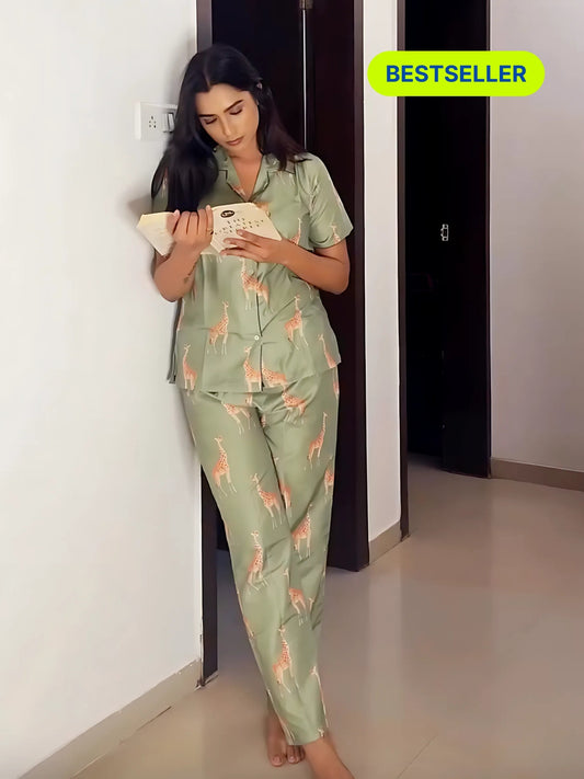 Giraffe Print - Green Women Pajama Set