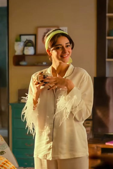 White Ananya Pajama Set In Satin With Fur Detail