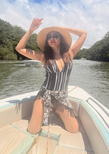 Black Striped – Halter Swimsuit & Skirt