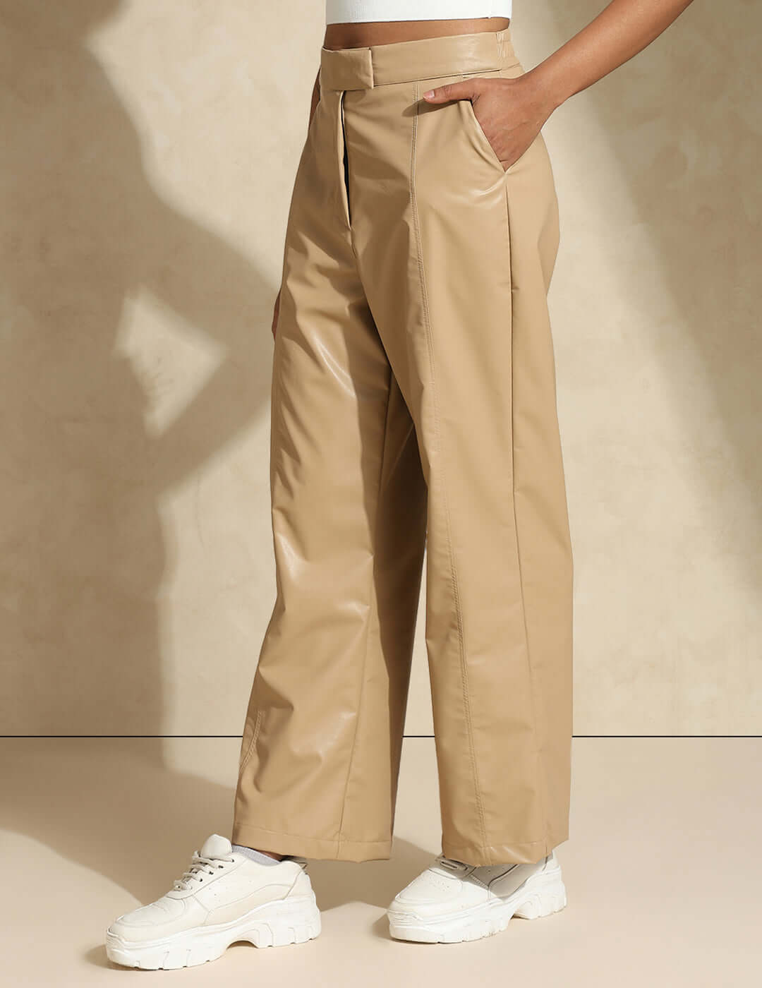 Shop-Leather Straight Fit Trousers Beige