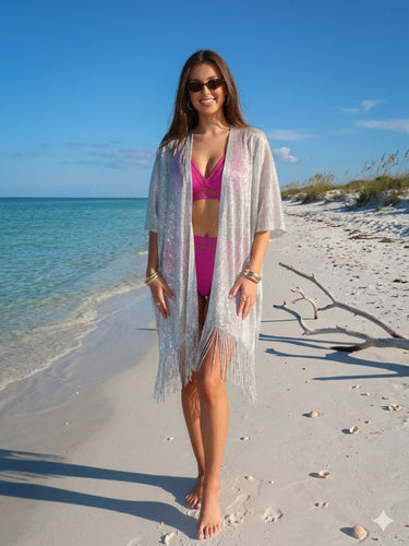 Silver Metallic Fringe Cape Cover Up