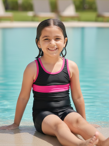 Girls Black & Pink Color-Block Sport Swimsuit
