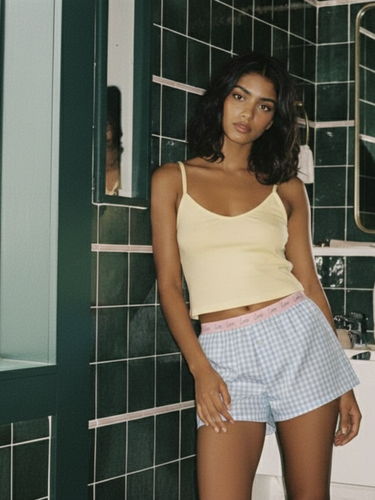 Sky Blue Gingham Cotton Lounge Shorts