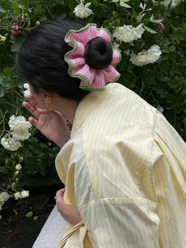 Strawberry Pink Gingham Oversized Cotton Scrunchie
