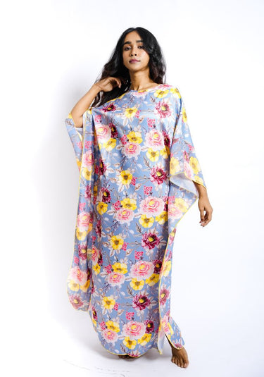Bloom Dusk – Satin Kaftan Nighty with Floral Print