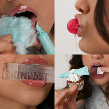 Collage of a person using various lip products including a lip balm, lipstick, and lip gloss.